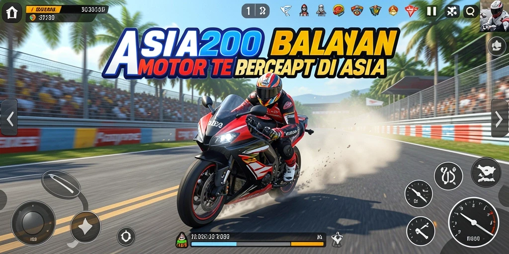 Screenshot ASIA200 menunjukkan aksi balapan motor yang mendebarkan di trek menantang.