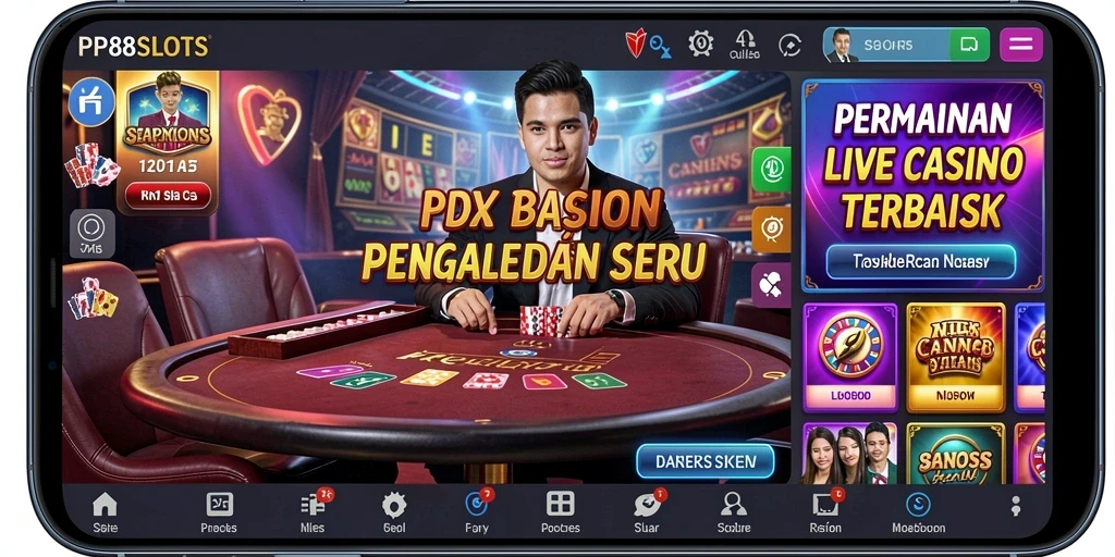 Screenshot gameplay menampilkan dealer langsung dan suasana kasino yang hidup.