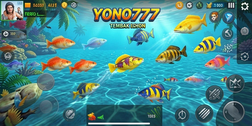 Screenshot gameplay YONO777 menunjukkan aksi menembak ikan yang seru.